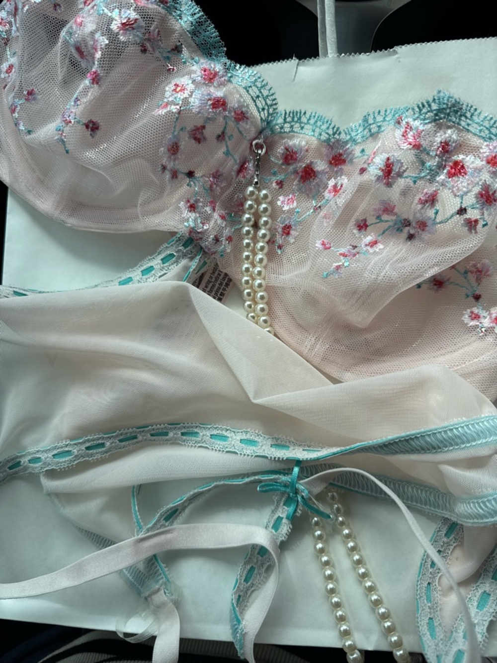 Victoria's Secret Cream Mesh Lingerie with Mint Trim M new - Picture 8 of 9